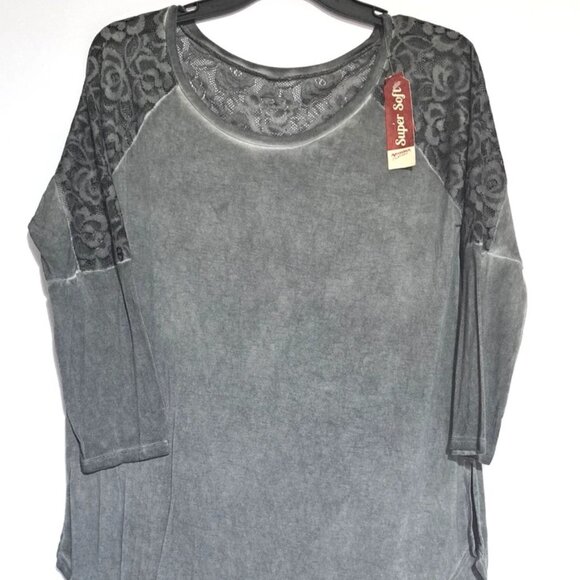 Arizona Jeans Top Super Soft 3/4 Sleeve Lace Grey Lightweight Tunic Stretch Sz L - Picture 3 of 9